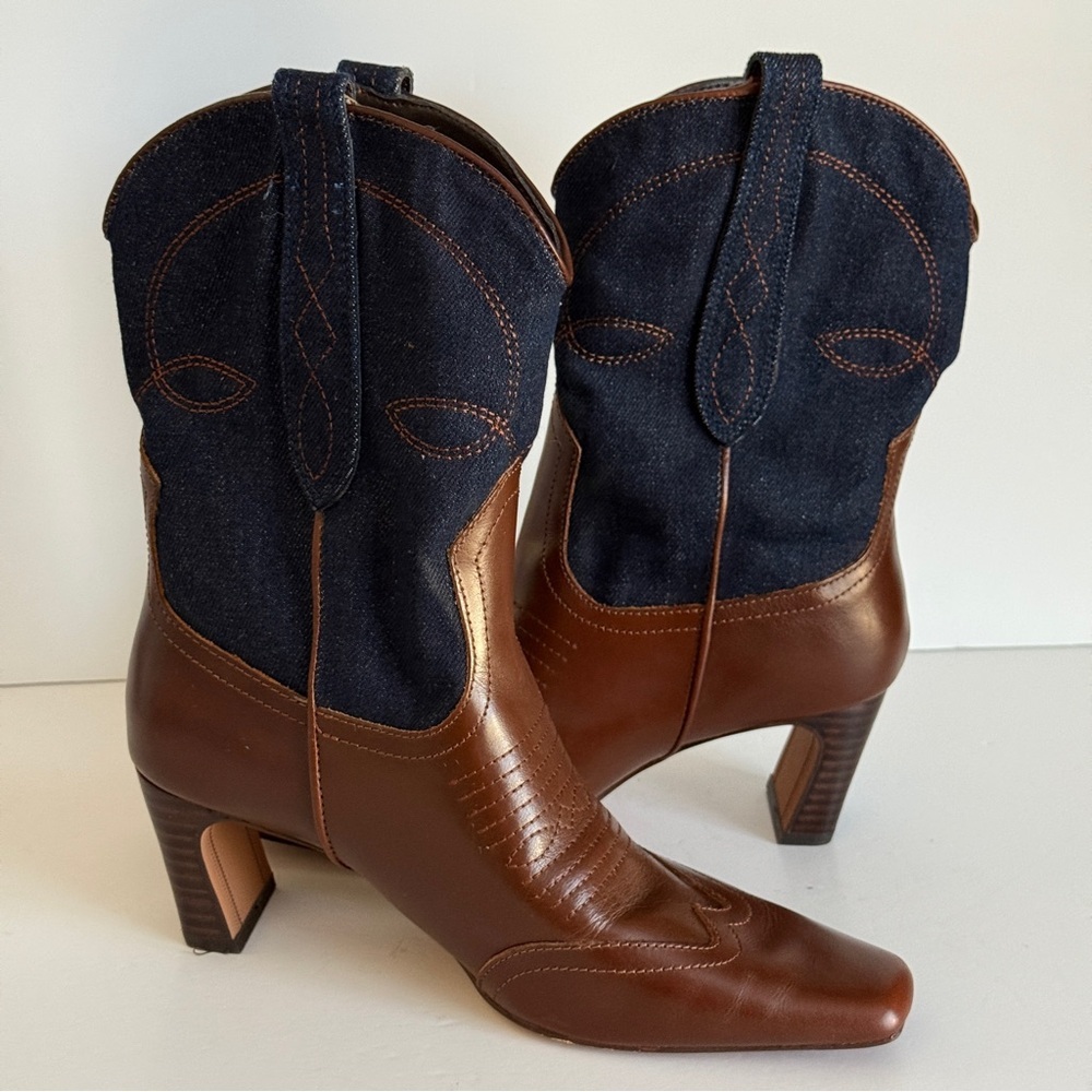 Steve Madden Josefine Western Ankle Boots Brown & Blue Denim Size 8M - Picture 2 of 12
